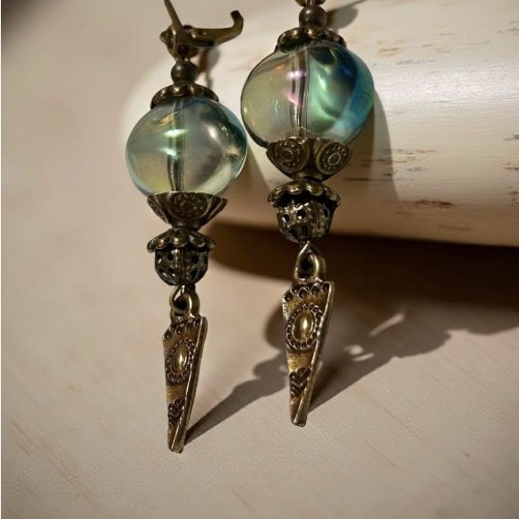 Handmade Boho Bronze Earrings with Iridescent Czech Glass | Gift Ready | Artisan - Picture 5 of 9